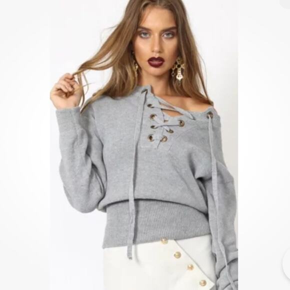 Urban Outfitters Lioness Gray Chunky Lace Up Knit Long‎ Sleeve Sweater Sz S - Picture 1 of 11